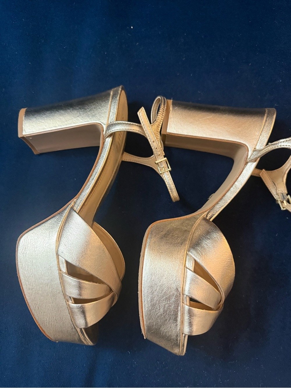 SCHUTZ Gold Metallic Crisscross Ankle-Strap Heels - Picture 3 of 6